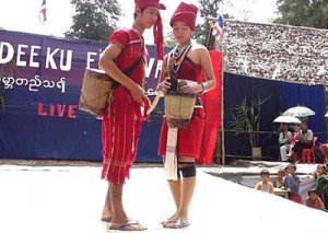 Young Karennis in traditional dress celebrate New Year in Demoso, Karenni State on Tuesday