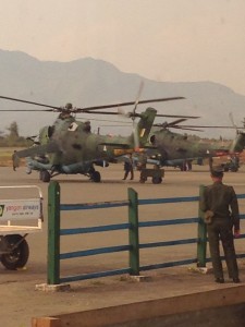 Burmese military helicopters, pictured by an independent researcher at Lashio airport at 3pm on 10 February 2015.